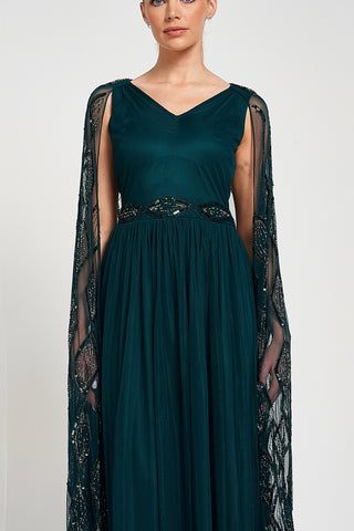 Frock & Frill Mae Teal Green Embellished Cape Sleeve Maxi Dress