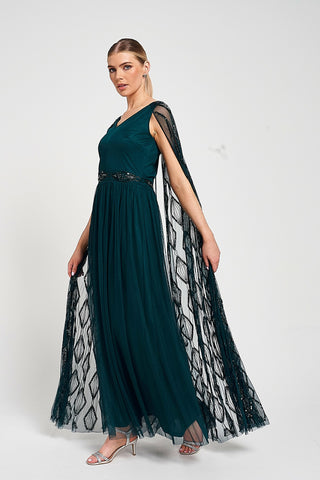 Frock & Frill Mae Teal Green Embellished Cape Sleeve Maxi Dress
