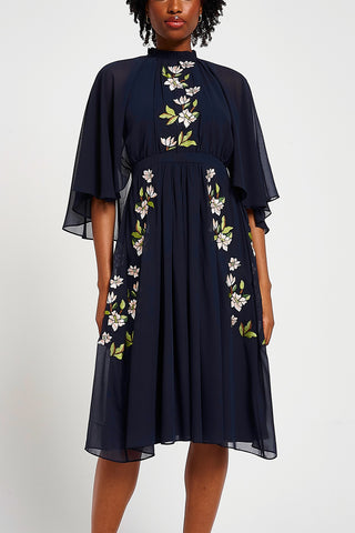 Frock & Frill Maeve Navy Floral Embroidered Midi Dress