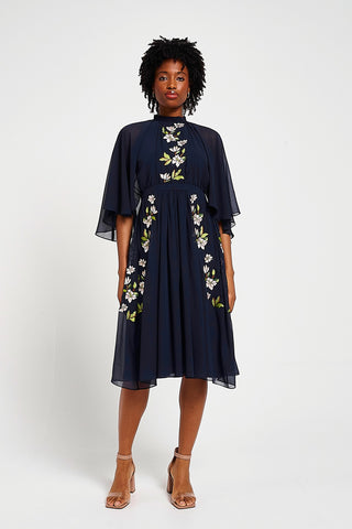 Frock & Frill Maeve Navy Floral Embroidered Midi Dress
