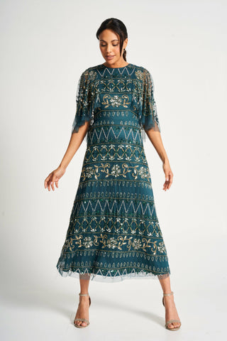 Frock & Frill Mahonia Green Embellished Cape Sleeve Midaxi Dress