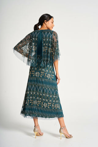 Frock & Frill Mahonia Green Embellished Cape Sleeve Midaxi Dress