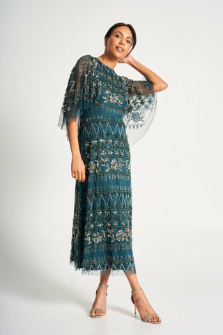 frock & frill Mahonia Green Embellished Cape Sleeve Midaxi Dress