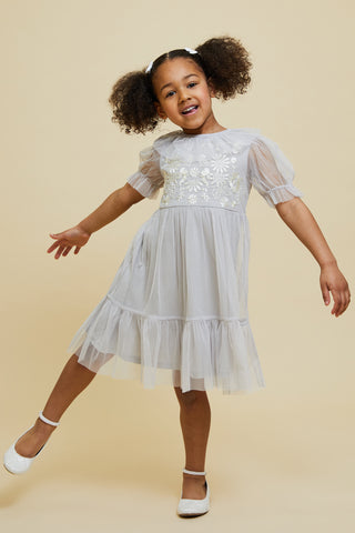 frock & frill Maisie Vapour Blue Floral Embroidered Dress