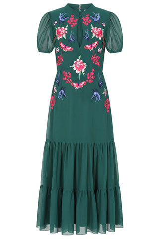 Frock & Frill Marella Alpine Green Floral Embroidered Midi Dress