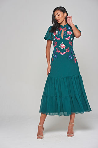 Frock & Frill Marella Alpine Green Floral Embroidered Midi Dress