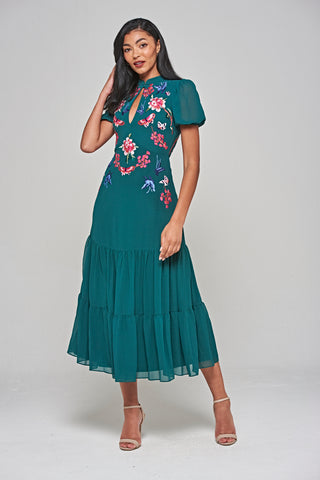 Frock & Frill Marella Alpine Green Floral Embroidered Midi Dress