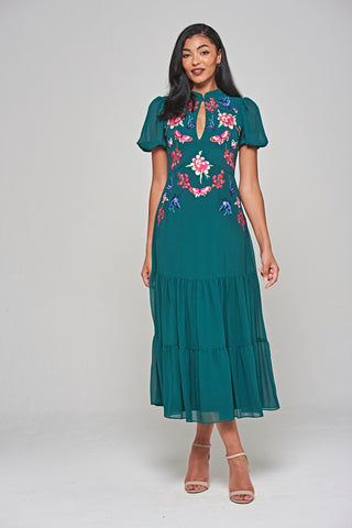 frock & frill Marella Alpine Green Floral Embroidered Midi Dress