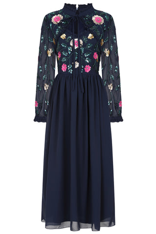 Frock & Frill Marette Navy Floral Embellished Midi Dress