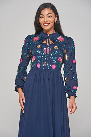 Frock & Frill Marette Navy Floral Embellished Midi Dress