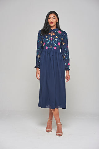 Frock & Frill Marette Navy Floral Embellished Midi Dress