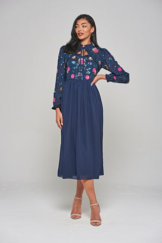 frock & frill Marette Navy Floral Embellished Midi Dress