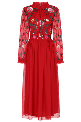 Frock & Frill Marette Red Floral Embellished Midi Dress