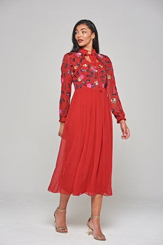 Frock & Frill Marette Red Floral Embellished Midi Dress