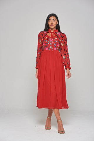 Frock & Frill Marette Red Floral Embellished Midi Dress