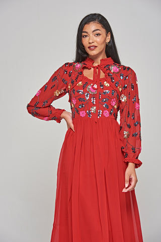 frock & frill Marette Red Floral Embellished Midi Dress