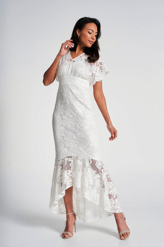 frock & frill Marguerite White Lace Dip Hem Midaxi Dress