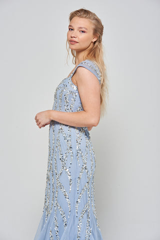 Frock & Frill Maria Blue Square Neck Embellished Maxi Dress