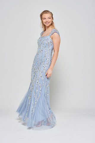 Frock & Frill Maria Blue Square Neck Embellished Maxi Dress