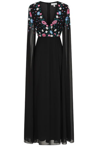 Frock & Frill Mayra Black Floral Embroidered Cape Sleeve Maxi Dress
