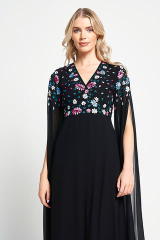 Frock & Frill Mayra Black Floral Embroidered Cape Sleeve Maxi Dress