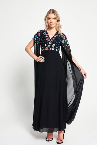 Frock & Frill Mayra Black Floral Embroidered Cape Sleeve Maxi Dress