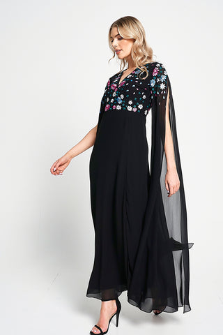 frock & frill Mayra Black Floral Embroidered Cape Sleeve Maxi Dress