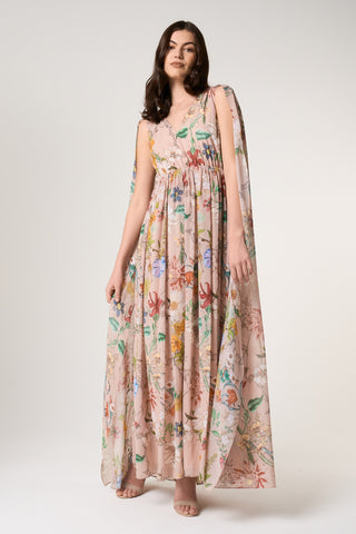 Frock & Frill Melia Floral Print Cape Sleeve Maxi Dress