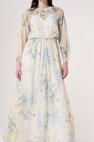 Frock & Frill Melissa Cream Floral Print Maxi Dress With Embellished Detailing