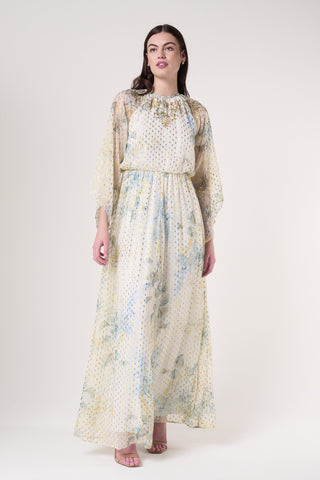 Frock & Frill Melissa Cream Floral Print Maxi Dress With Embellished Detailing