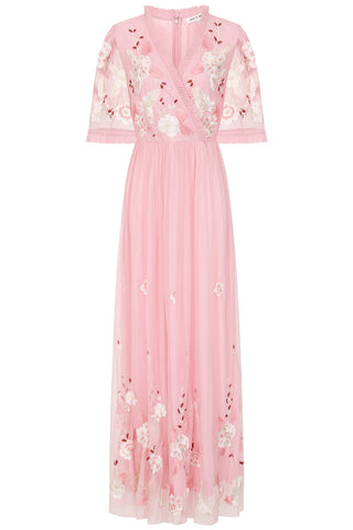 Frock & Frill Merida Pink Floral Embroidered Maxi Dress