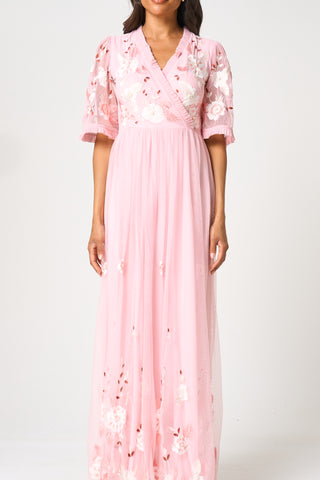 Frock & Frill Merida Pink Floral Embroidered Maxi Dress