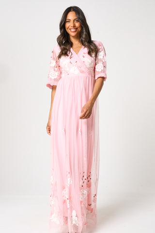 Frock & Frill Merida Pink Floral Embroidered Maxi Dress