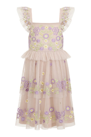 Frock & Frill Myla Crystal Grey Floral Embroidered Dress With Tiered Skirt
