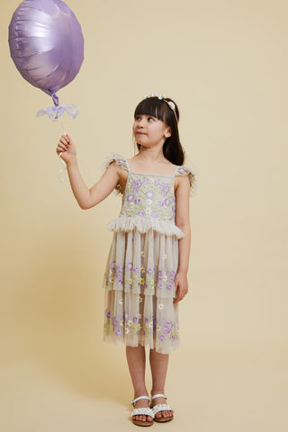 Frock & Frill Myla Crystal Grey Floral Embroidered Dress With Tiered Skirt