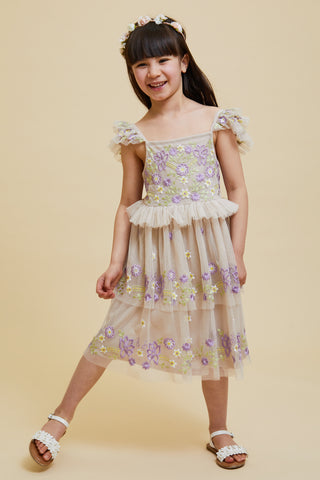 Frock & Frill Myla Crystal Grey Floral Embroidered Dress With Tiered Skirt