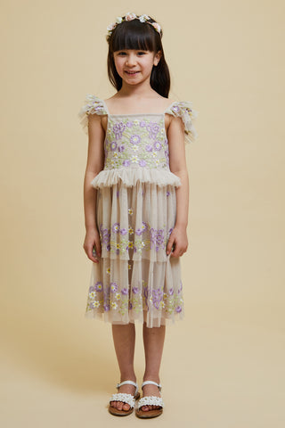 frock & frill Myla Crystal Grey Floral Embroidered Dress with Tiered Skirt