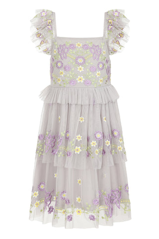 Frock & Frill Myla Vapour Blue Floral Embroidered Dress With Tiered Skirt