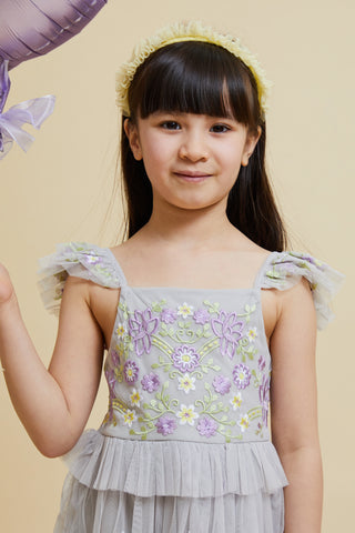 Frock & Frill Myla Vapour Blue Floral Embroidered Dress With Tiered Skirt