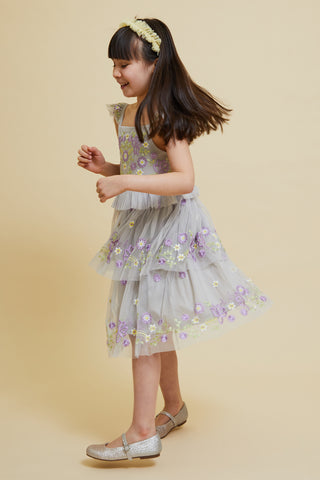 Frock & Frill Myla Vapour Blue Floral Embroidered Dress With Tiered Skirt