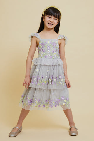 frock & frill Myla Vapour Blue Floral Embroidered Dress with Tiered Skirt