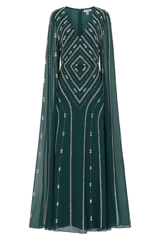 Frock & Frill Myrtha Green Embellished Cape Sleeve Maxi Dress