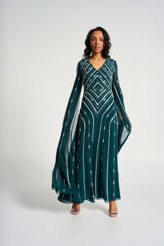 Frock & Frill Myrtha Green Embellished Cape Sleeve Maxi Dress