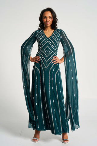 frock & frill Myrtha Green Embellished Cape Sleeve Maxi Dress