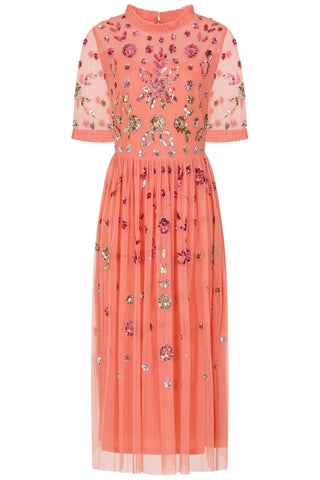 Frock & Frill Myrtle Coral Floral Embellished Midi Dress