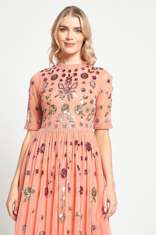 Frock & Frill Myrtle Coral Floral Embellished Midi Dress