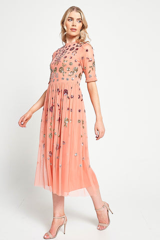 Frock & Frill Myrtle Coral Floral Embellished Midi Dress