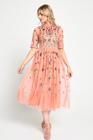 frock & frill Myrtle Coral Floral Embellished Midi Dress