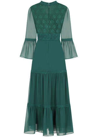 Frock & Frill Nerina Alpine Green Tiered Midaxi Dress With Lace Panels