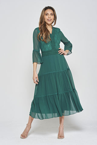 frock & frill Nerina Alpine Green Tiered Midaxi Dress with Lace Panels